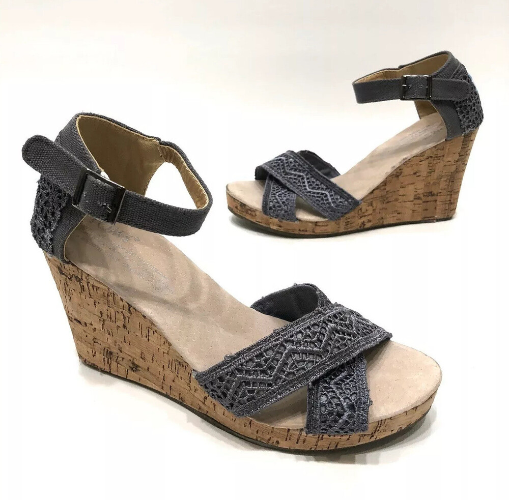 Toms Womens Wedge Canvas Print/cork Gray Sling Back Heels Size 6